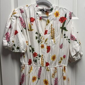 White Floral Midi Dress with Red, Yellow & Pink Blooms